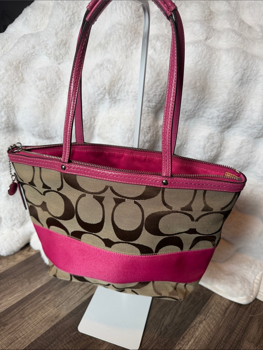 Mint Condition Coach Signature Canvas Tote with Hot Pink Trim